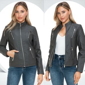 Snobbish Charcoal Gray Faux Leather Zip Up Mock Neck Jacket XL NWT